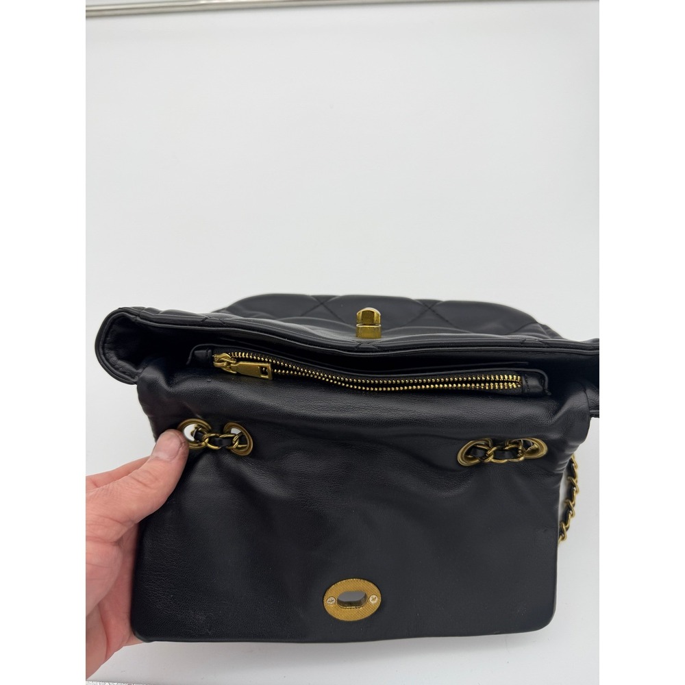 Quilted Black Leather Shoulder Bag Gold Chain Link Turn Lock Crossbody - Picture 3 of 4
